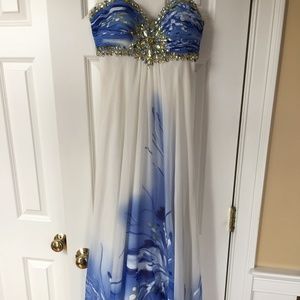Terani White, Blue and Yellow Floral Prom Dress
